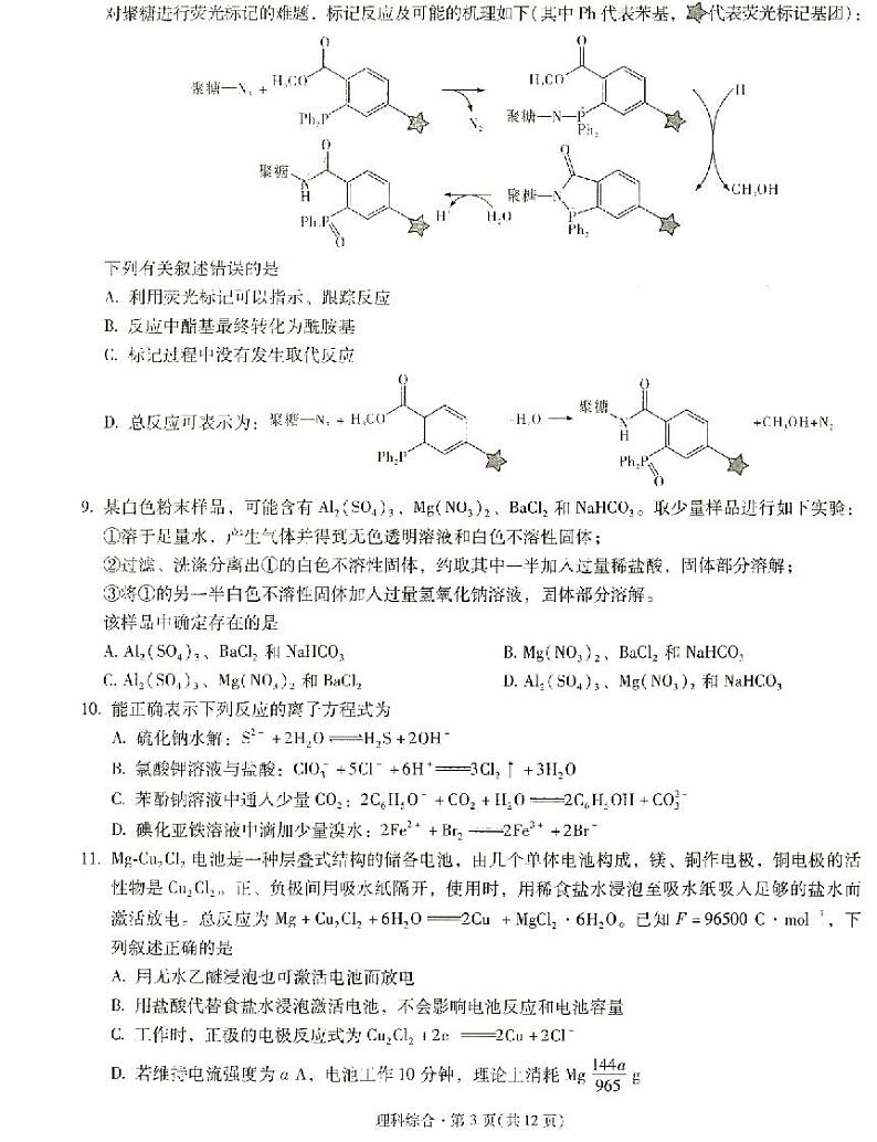 云南省昆明市第一中学2022-2023学年高三上学期月考（四）理科综合03