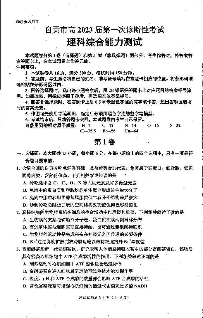 2023自贡高三上学期第一次诊断性考试理综试题PDF缺答案第1页