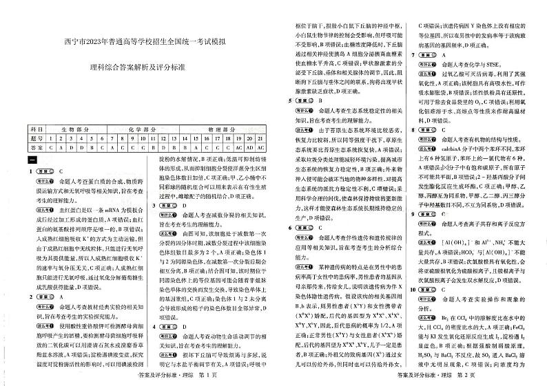 西宁市2023年模拟理综答案第1页
