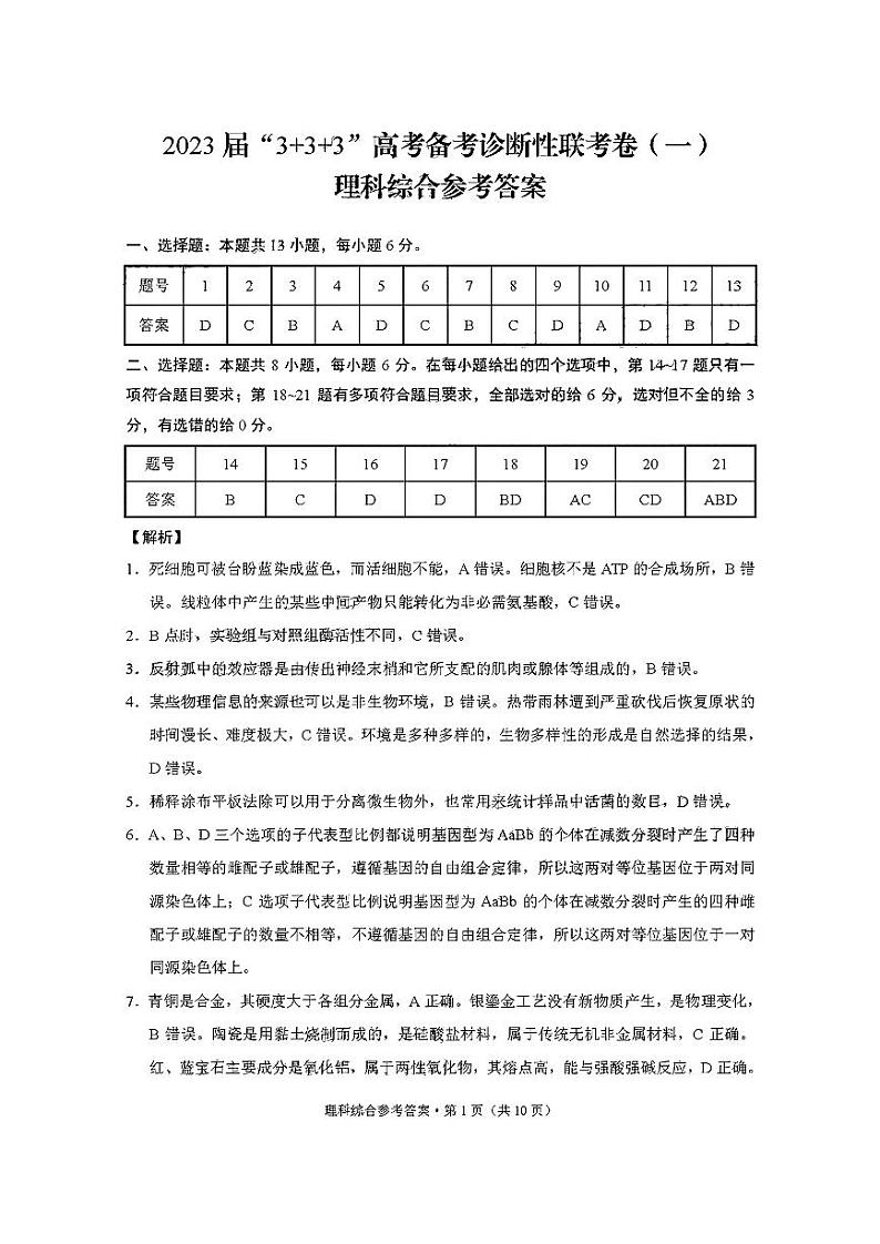 2023西南联盟333高考备考诊断性联考高三（一）理综试题PDF版含答案01