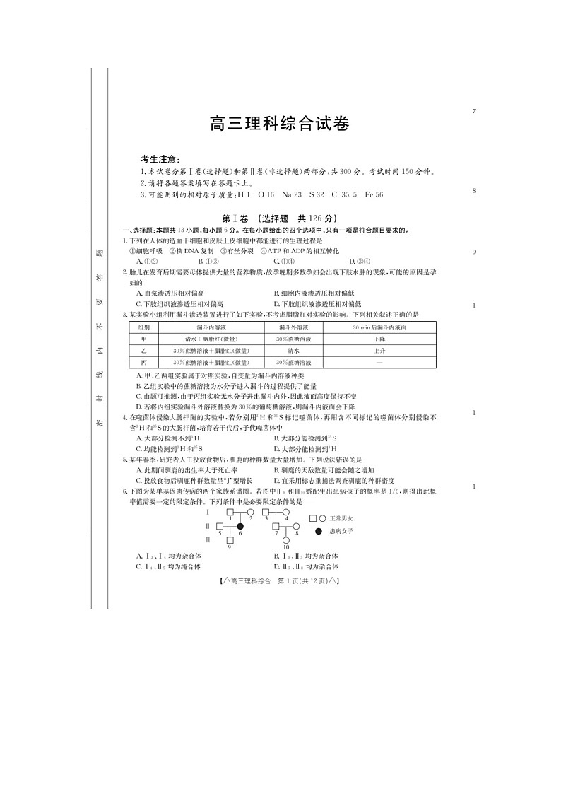 2023届青海省海东市高三上学期12月第一次模拟理综试题01