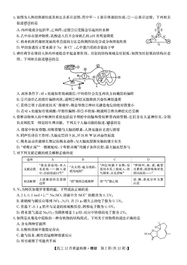 2023年安徽九师联盟12月质量巩固检测卷 理综试题及答案02
