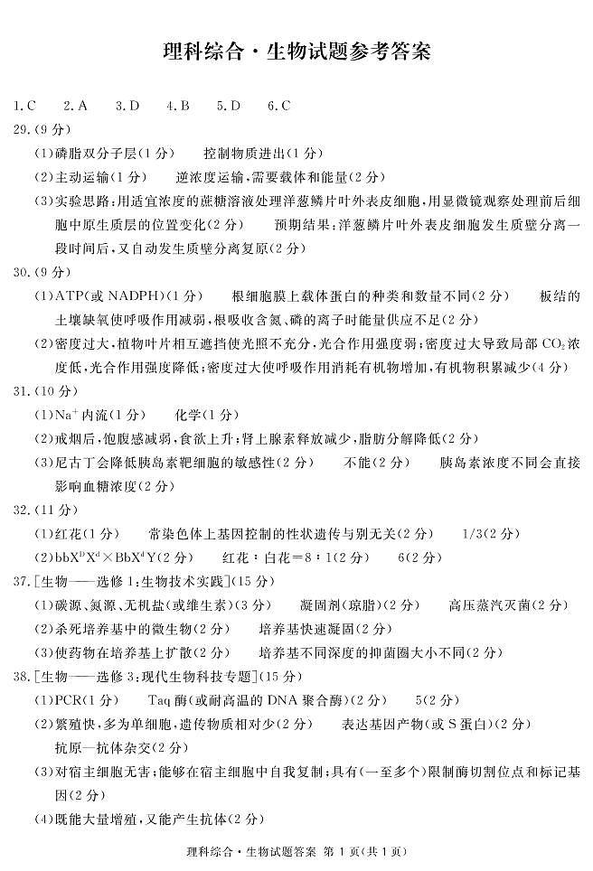 2023届四川省广安、遂宁、眉山、雅安、广元、资阳高三上学期高考第一次诊断性考试理科综合试题及答案01