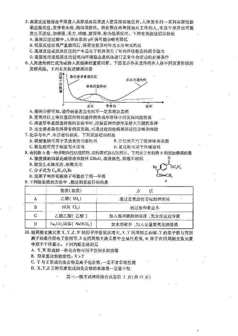 2023届四川省内江市高三高考第一次模拟考试理综试题02