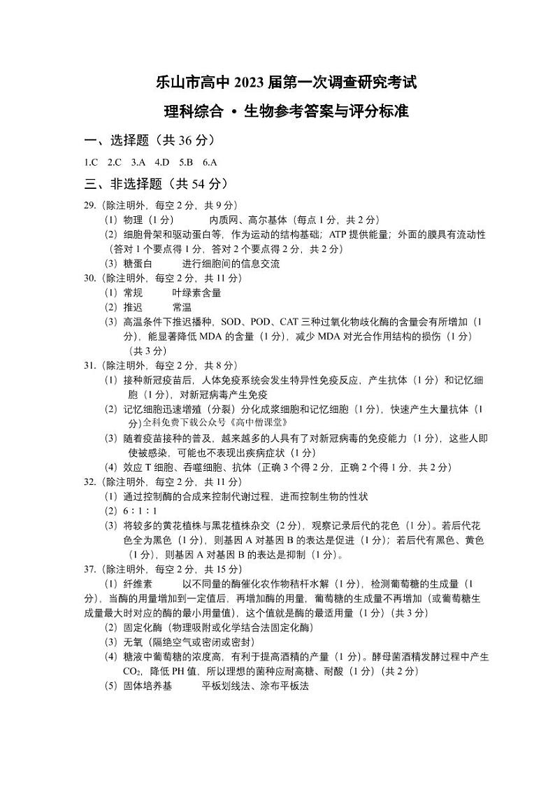2023乐山高中高三第一次调查研究考试理综PDF版含答案01