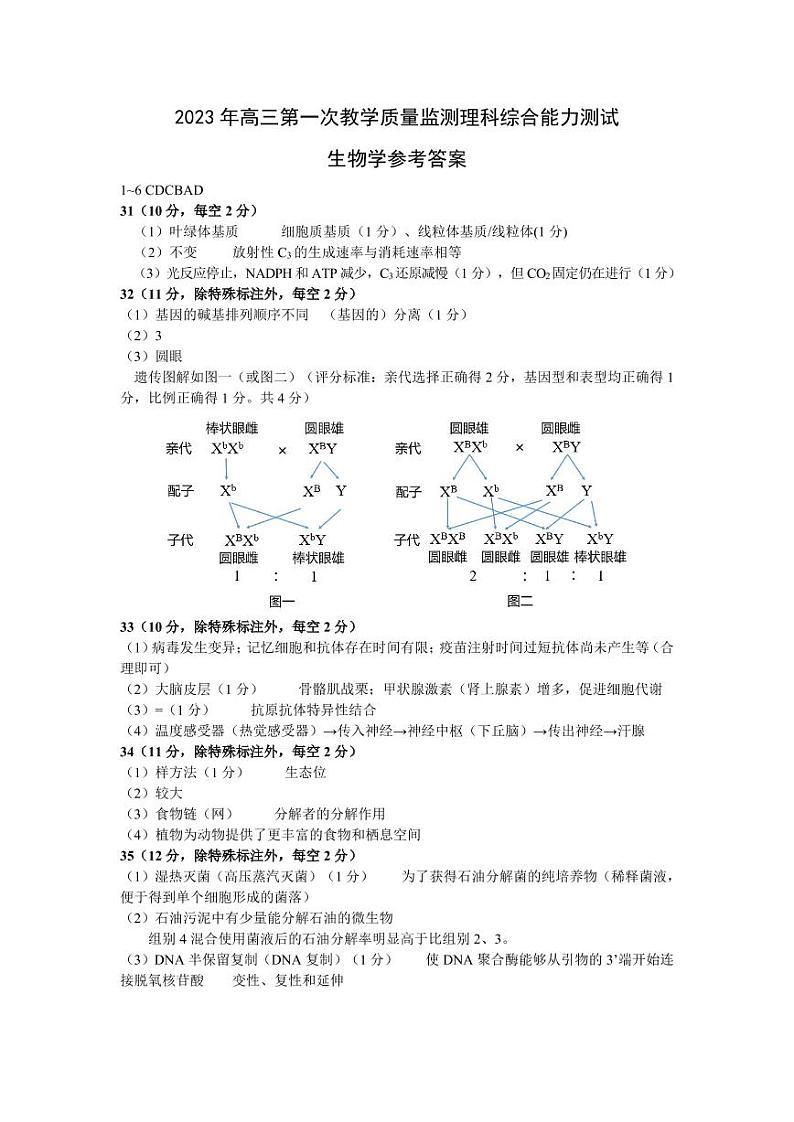 2023高三一模生物学答案第1页
