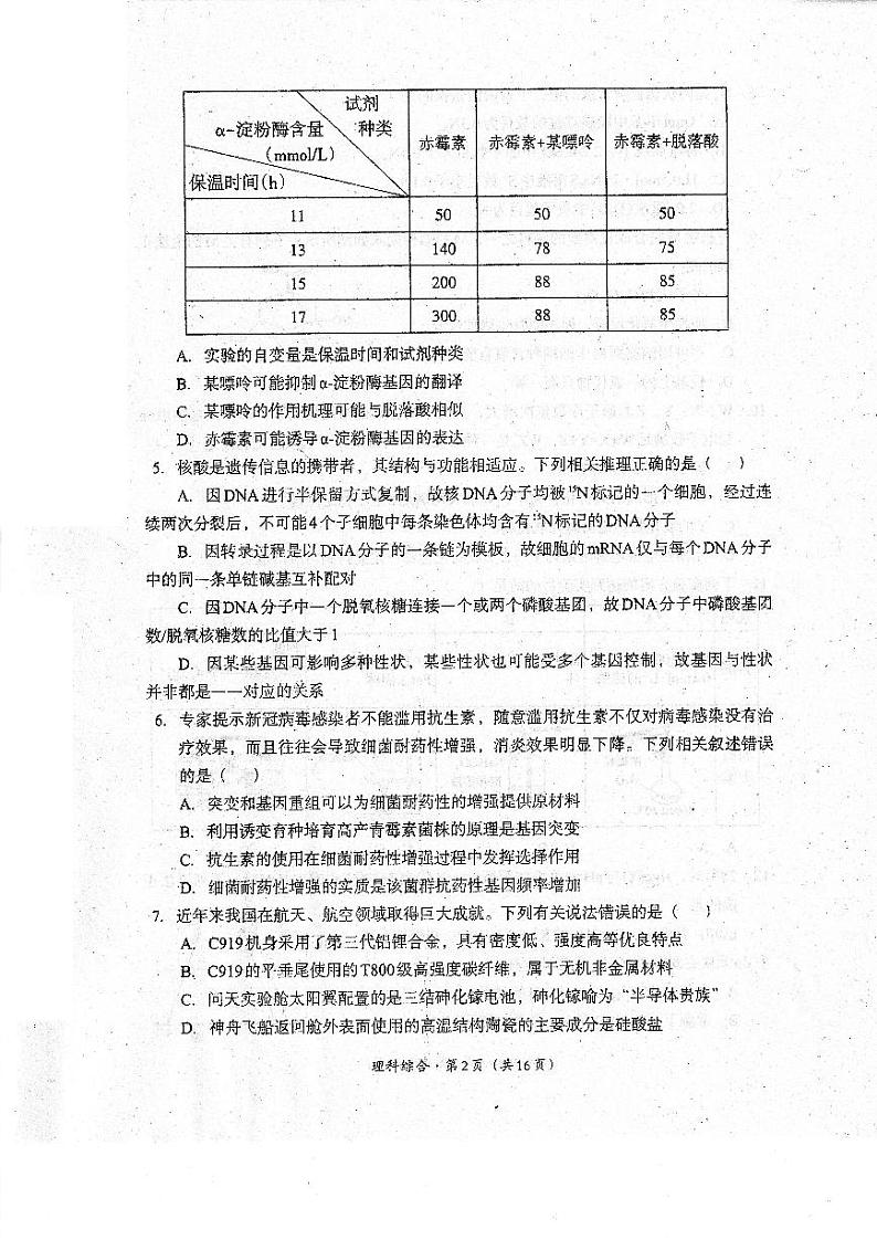 四川省巴中市普通高中2020级“一诊”考试理科综合试题及答案02