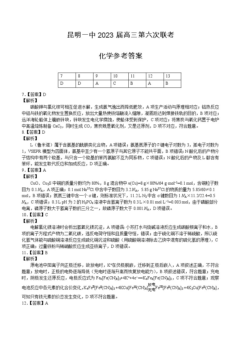 2022-2023学年云南省昆明市第一中学高中新课标高三第六次考前基础强化理综试题 PDF版01