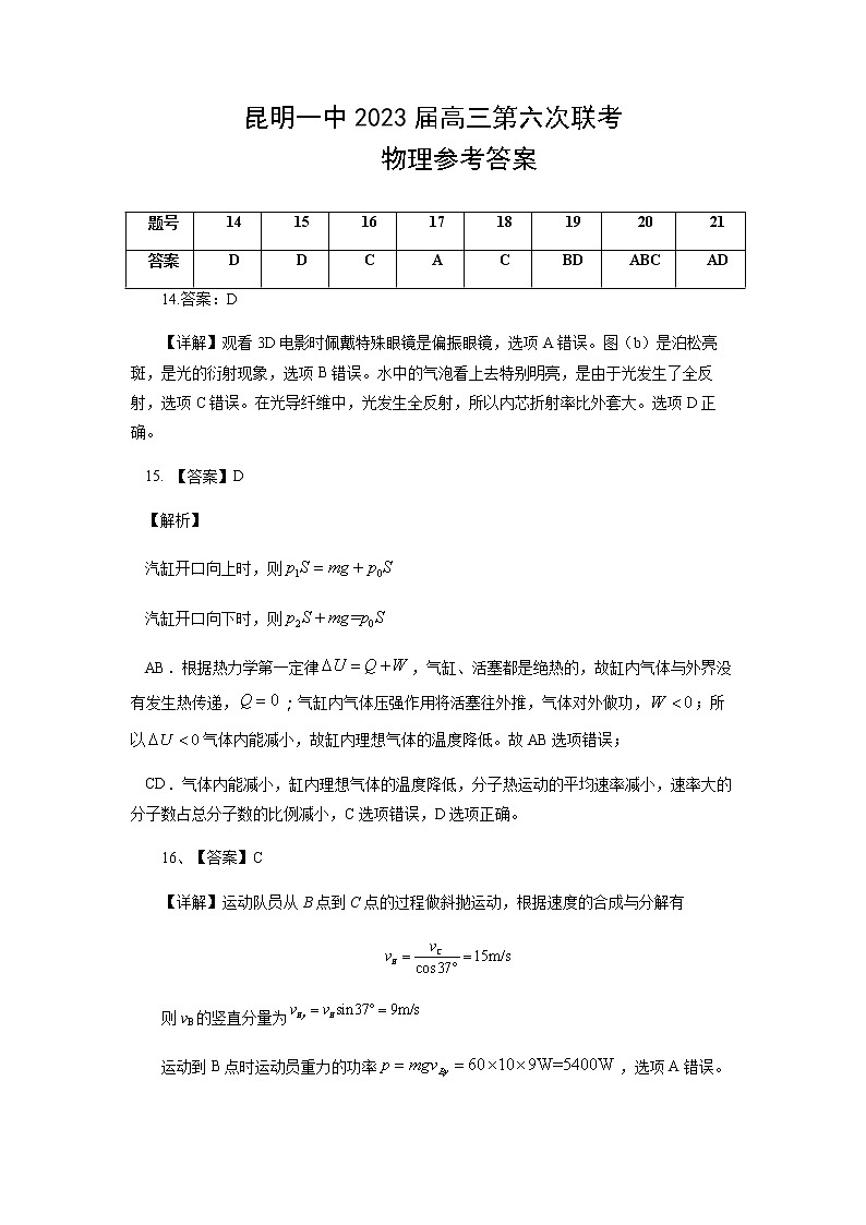 昆明市第一中学2022-2023学年高中新课标高三第六次考前基础强化理综物理答案第1页