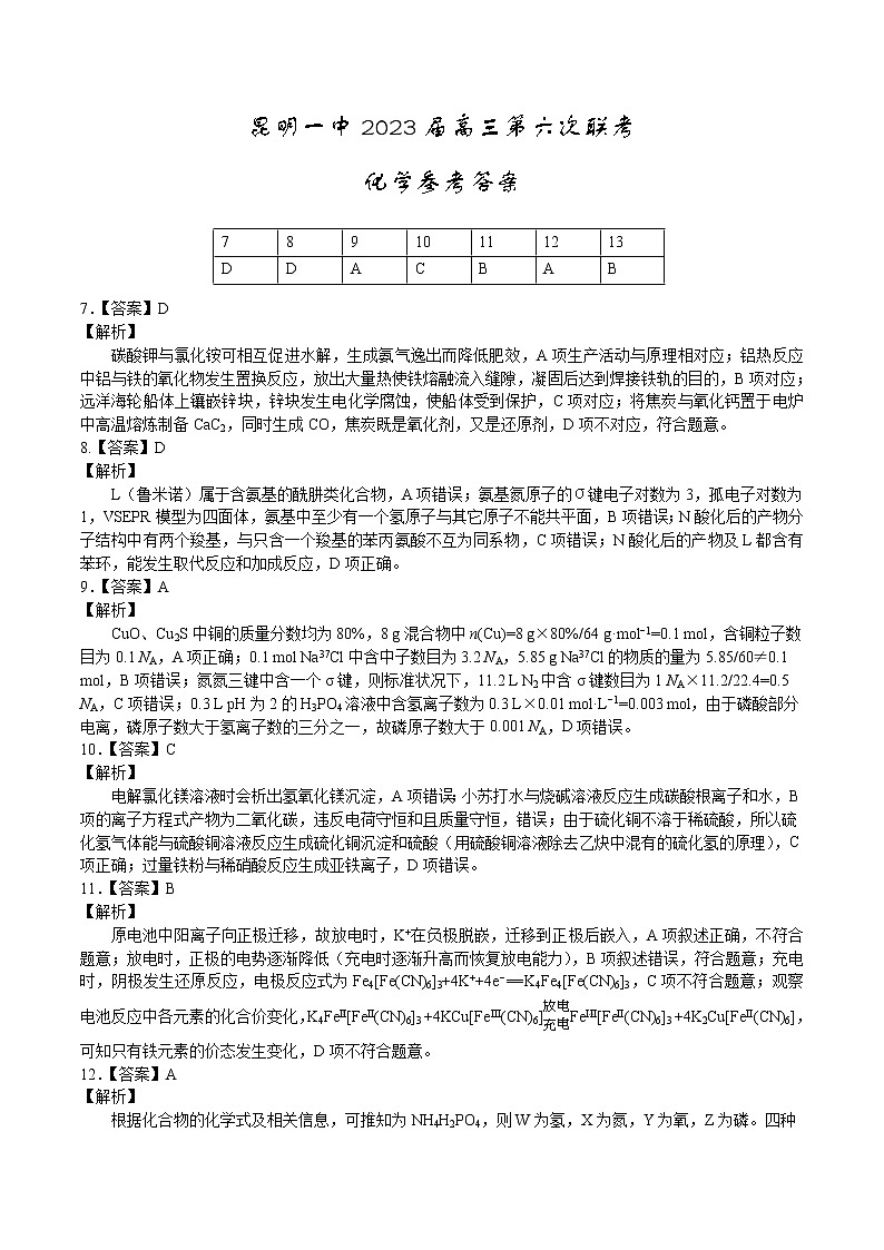 2022-2023学年云南省昆明市第一中学高三第六次考前基础强化理综试题 PDF版01