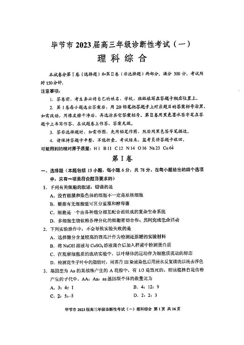 2023届贵州省毕节市高三第一次诊断性考试（一模）理科综合试题01
