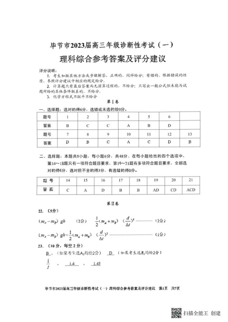 2022-2023学年贵州省毕节市高三下学期诊断性考试（一模）理综试题 PDF版01