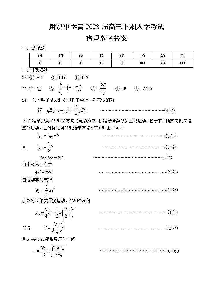 2023四川省射洪中学高三下学期入学考试理综含答案01