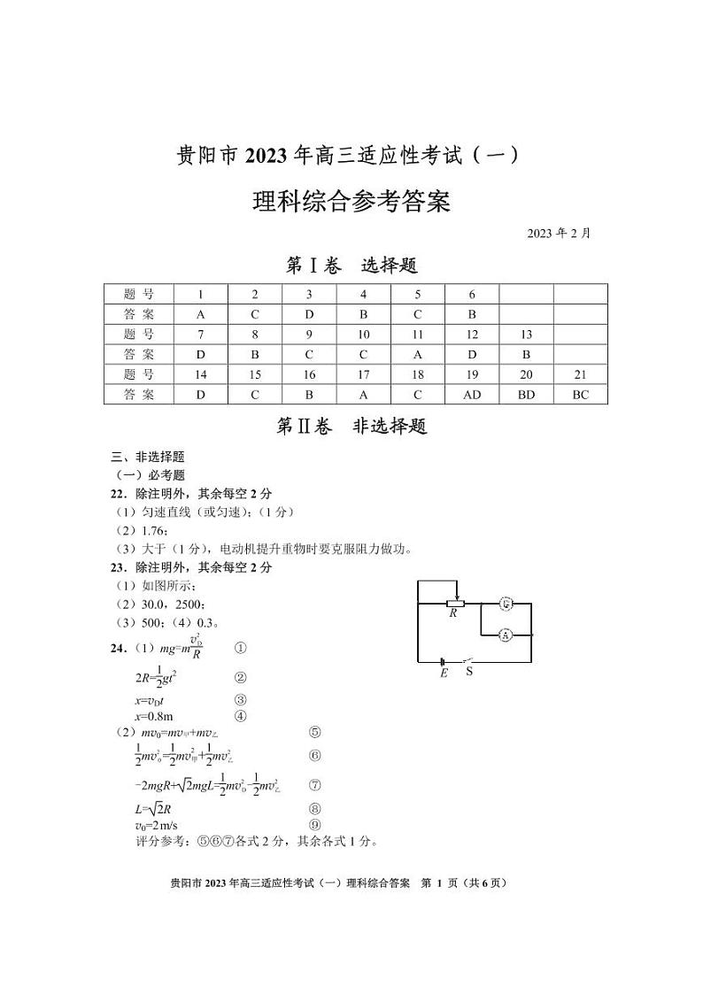 贵州省贵阳市2022-2023学年高三下学期适应性考试（一）（一模）理综答案第1页
