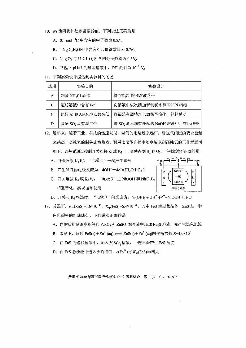 贵阳市2020年高三适应性考试理综试题及答案第3页