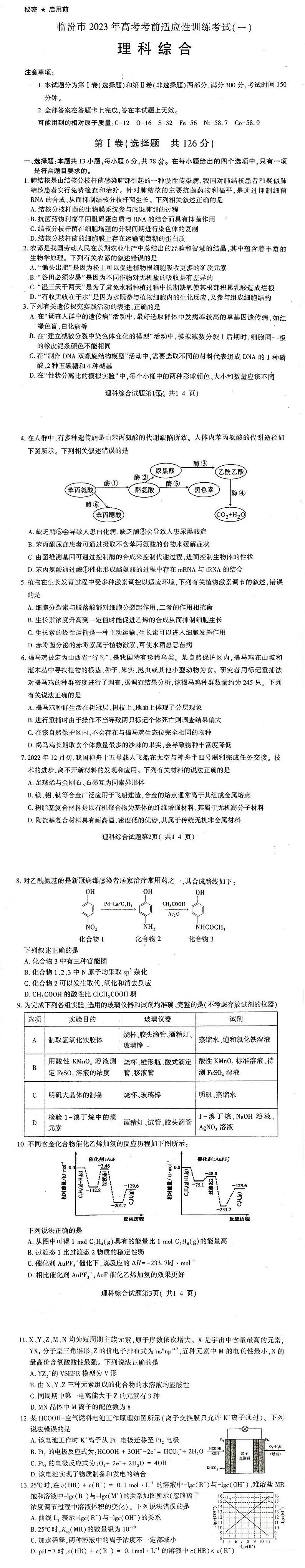 2023届山西省临汾市高考考前适应性训练考试（一）理科综合试题（一模）第1页