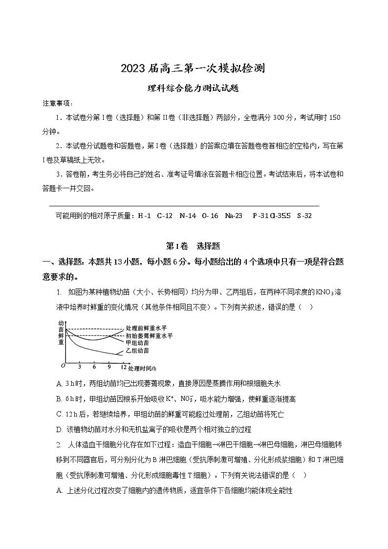 2023合肥肥东县综合高中高三下学期第一次模拟考试理综含解析01