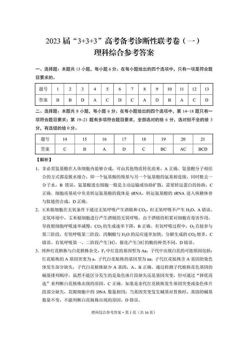 2023届“3+3+3”高考备考诊断性联考卷（一）理综-答案和解析第1页