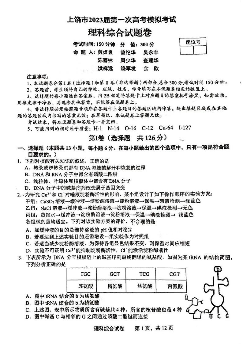 2023届江西省上饶市高三第一次高考模拟考试理综试题及参考答案第1页