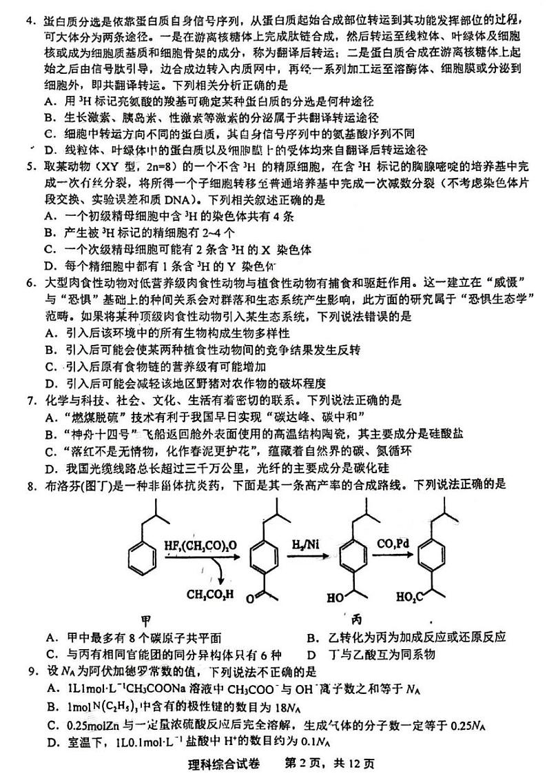 2023届江西省上饶市高三第一次高考模拟考试理综试题及参考答案第2页
