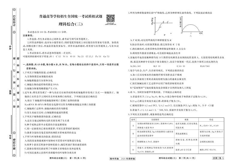 2020届河北省衡中同卷高考模拟调研卷（三）理综试题（PDF版）01