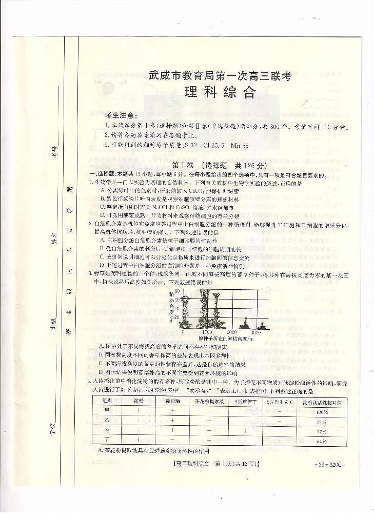 2023届甘肃省武威市高三第一次联考理综试题第1页