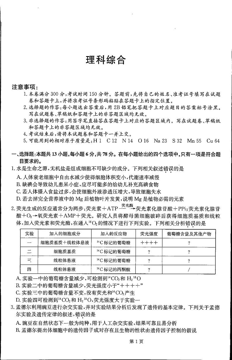 2023梅河口五中高三下学期第一次模拟考试理综PDF版无答案第1页
