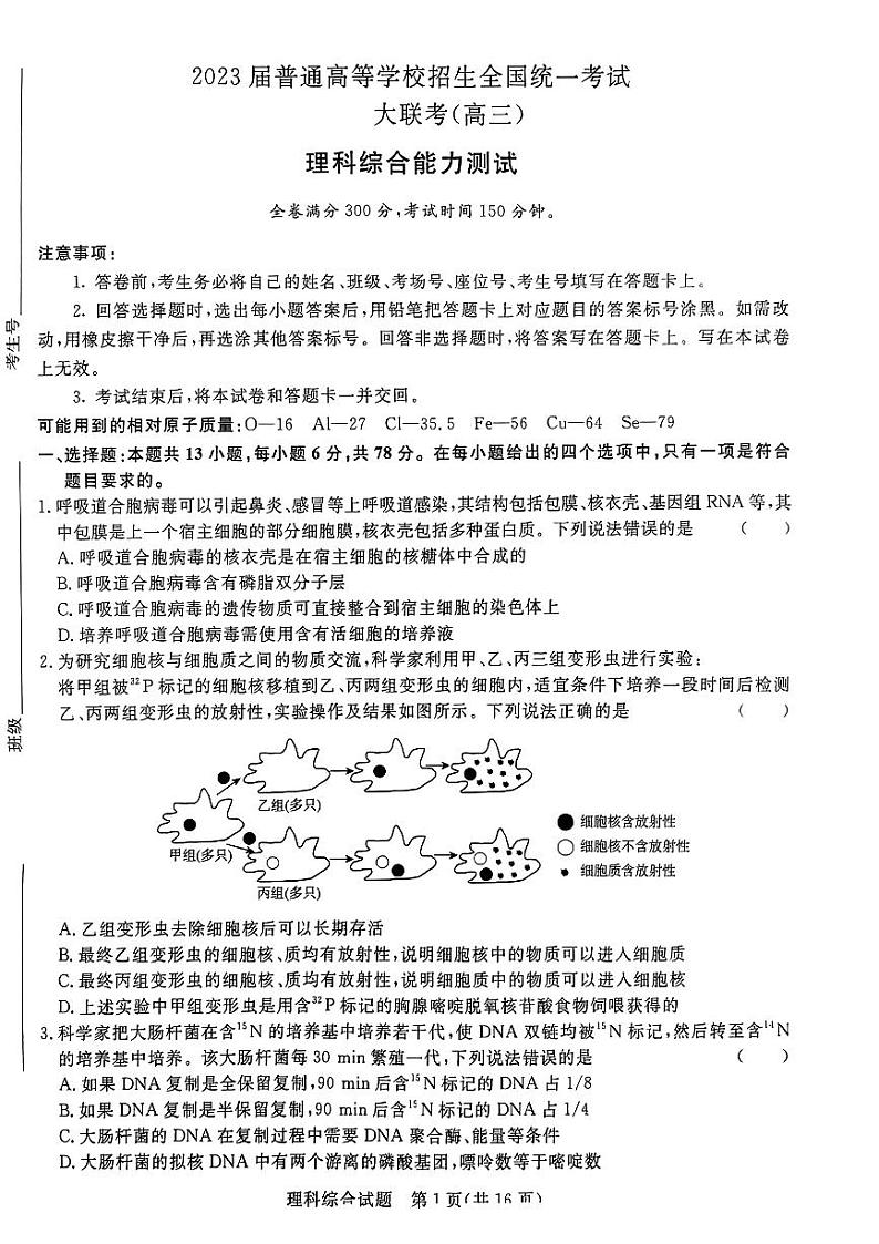 2023届河南省青桐鸣高三2月联考 理综 试题无答案01