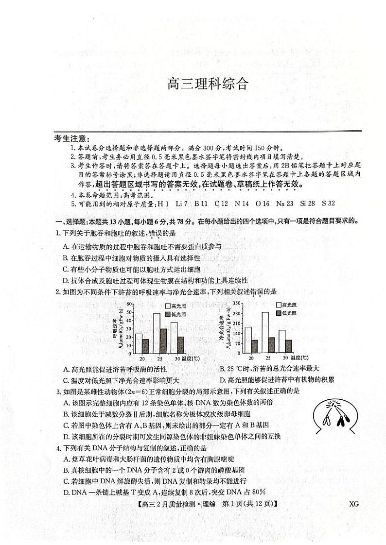 2023届安徽省、山西省部分学校 九师联盟高三3月联考 理综试题及答案01