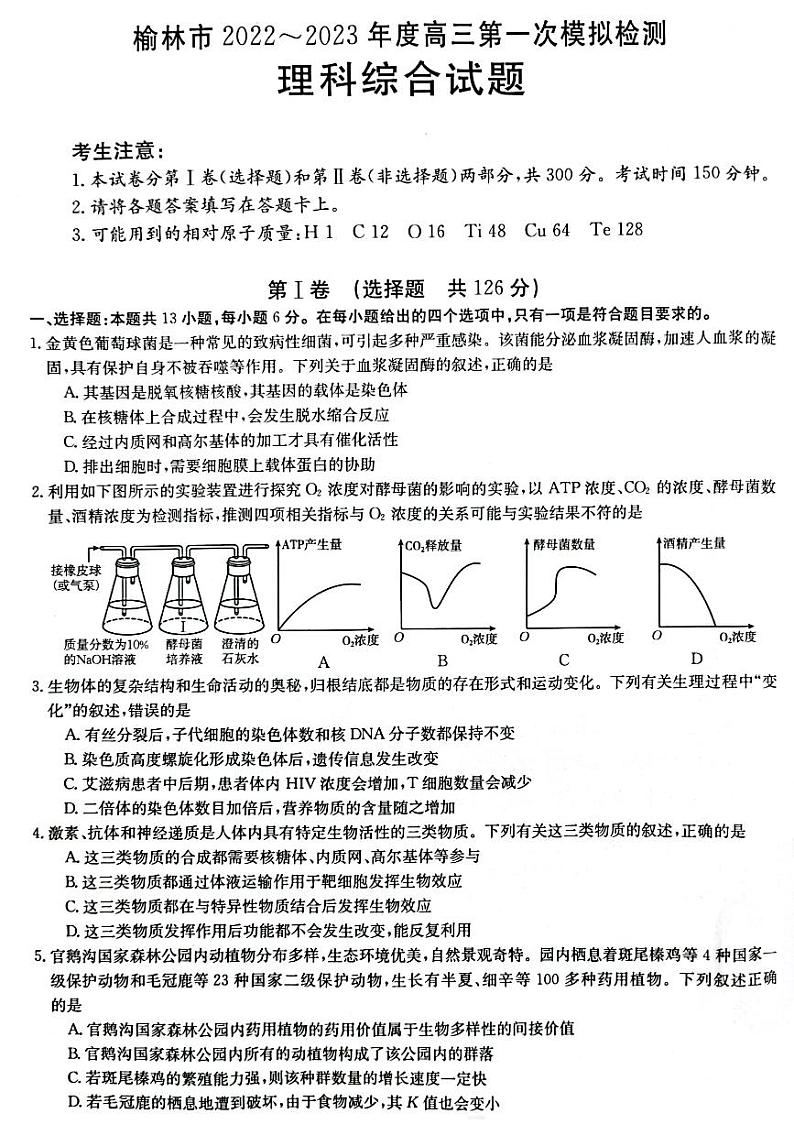 2022-2023学年陕西省榆林市高三下学期一模理综试题PDF版含答案01