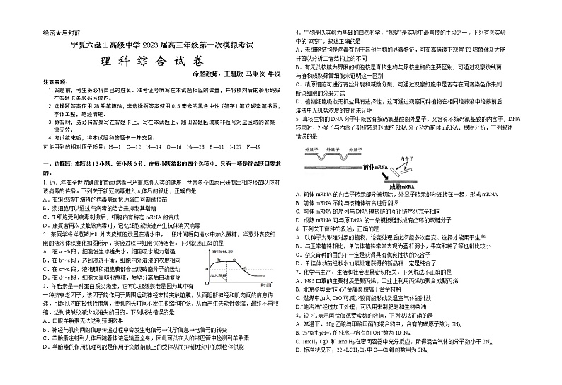宁夏六盘山高级中学2023届高三年级第一次模拟考试丨理综第1页