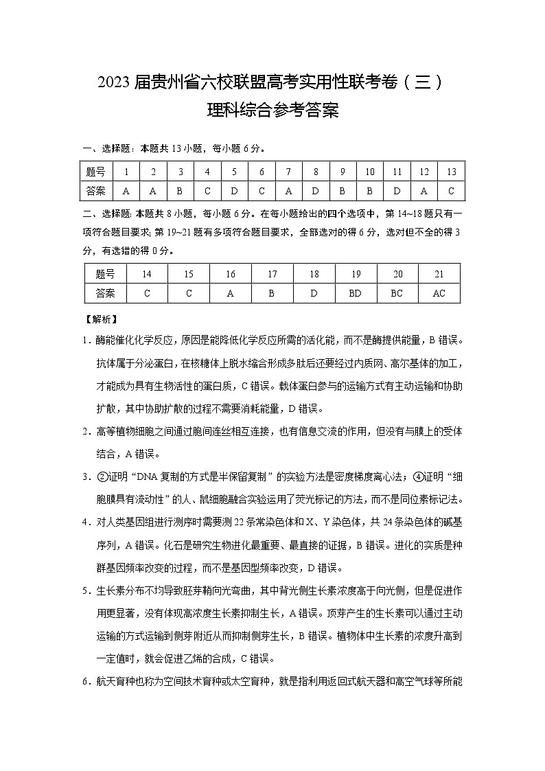 2023届贵州省六校联盟高考实用性联考卷（三）理综-答案第1页