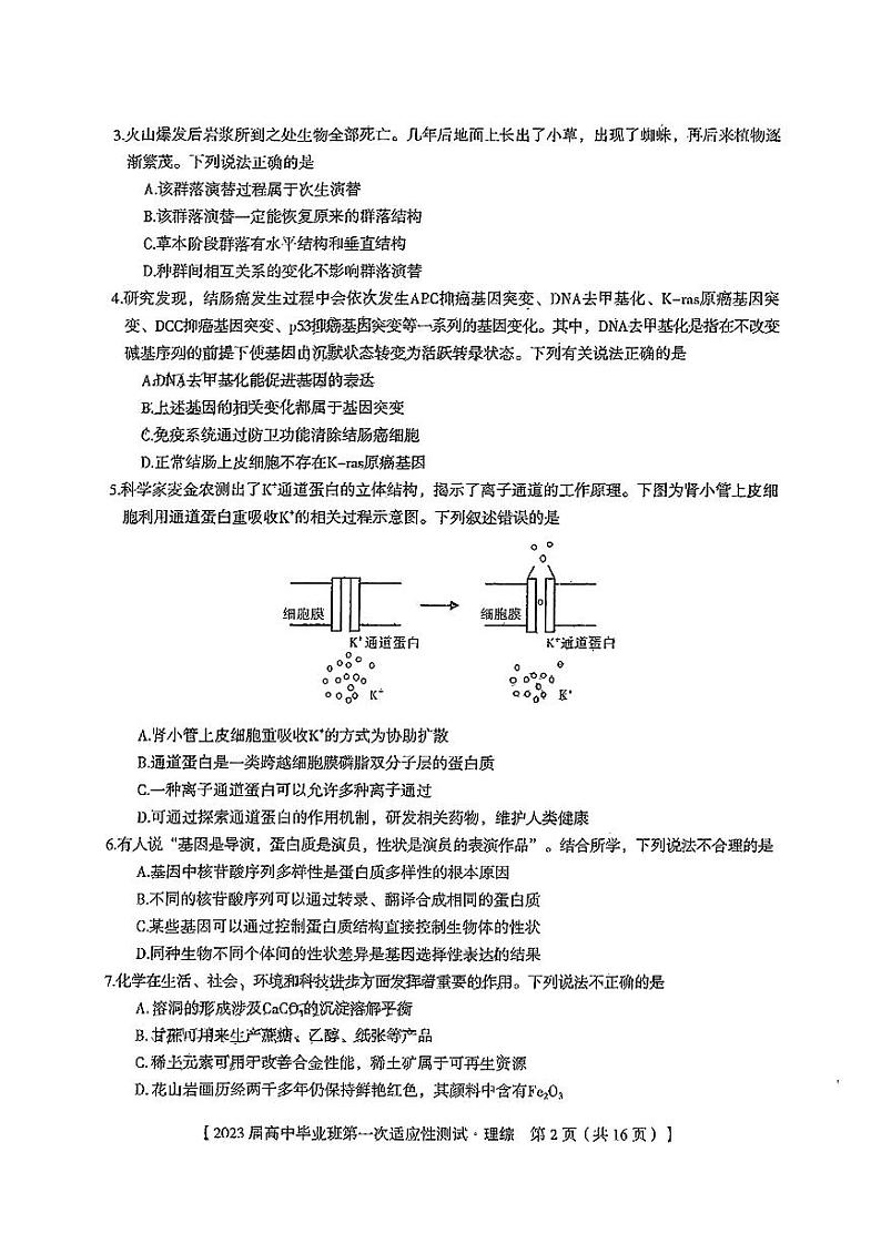 广西南宁市2023届高中毕业班第一次适应性测试理科综合试题及答案02