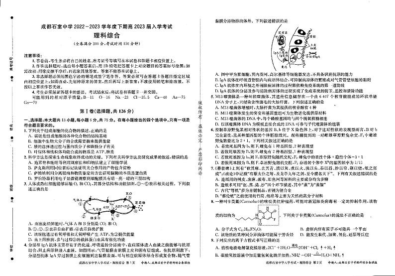 2022-2023学年四川省成都市石室中学高三下学期入学考试理综PDF版含答案01
