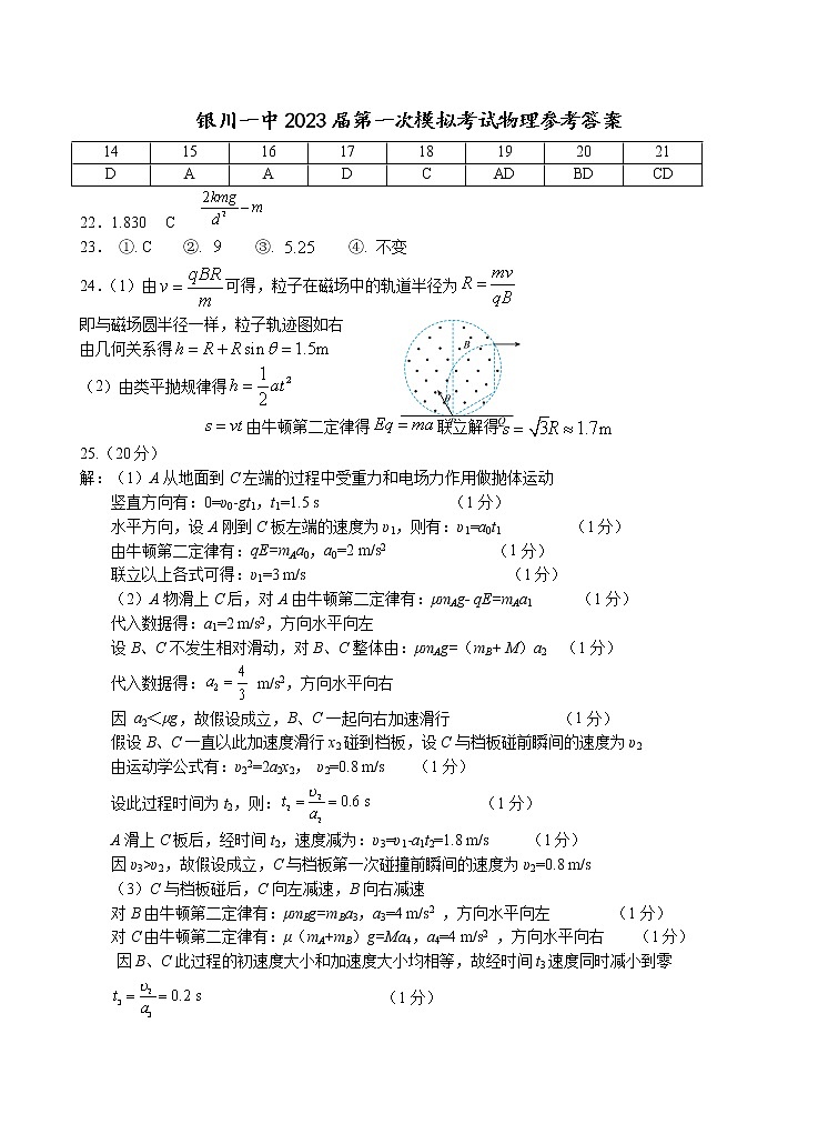 2023届一模物理试卷答案第1页