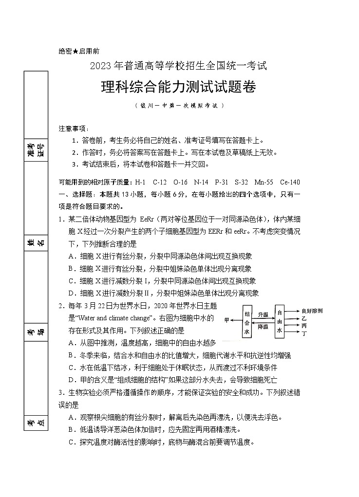 2023届一模理综试卷第1页