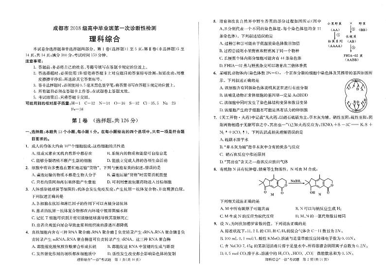 2021届四川省成都市高三上学期第一次诊断性检测理综试题 PDF版01