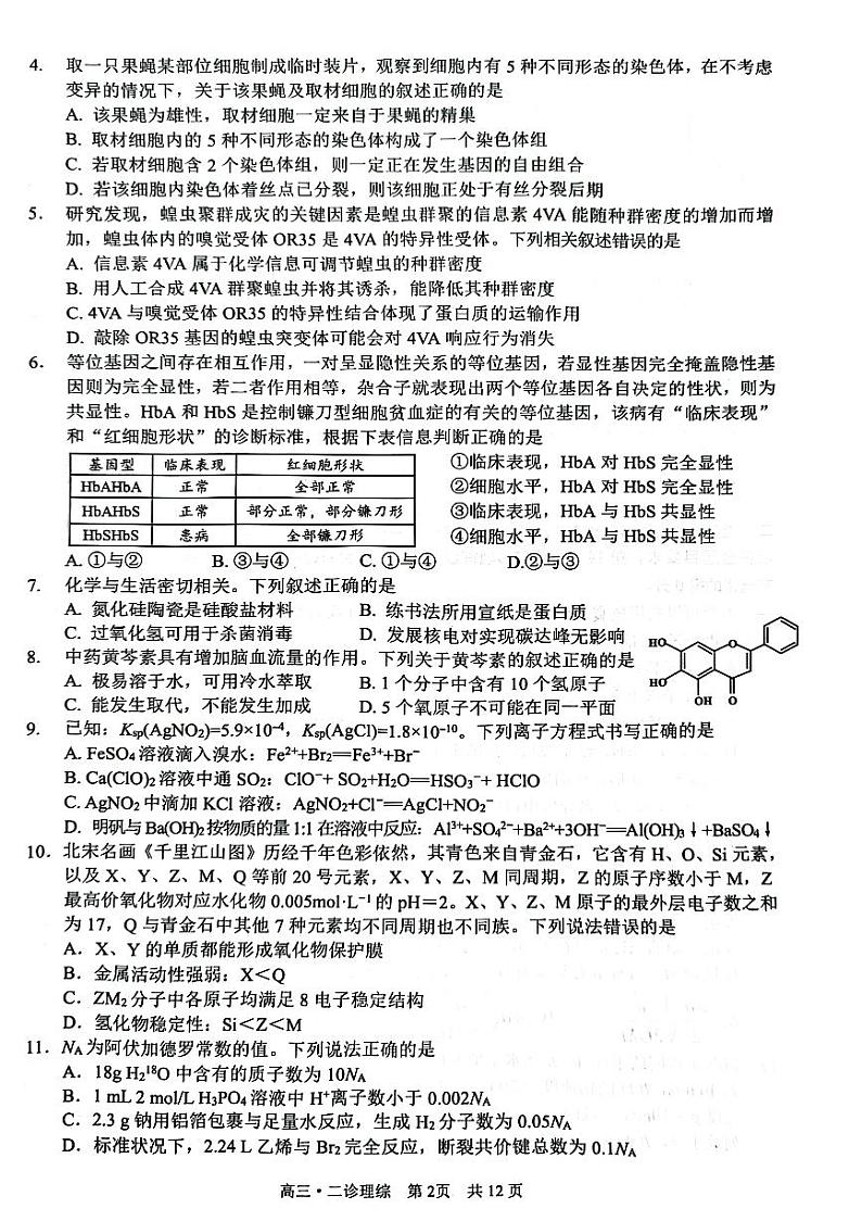 四川省泸州市高2020级第二次教学质量诊断性考试理综试题第2页