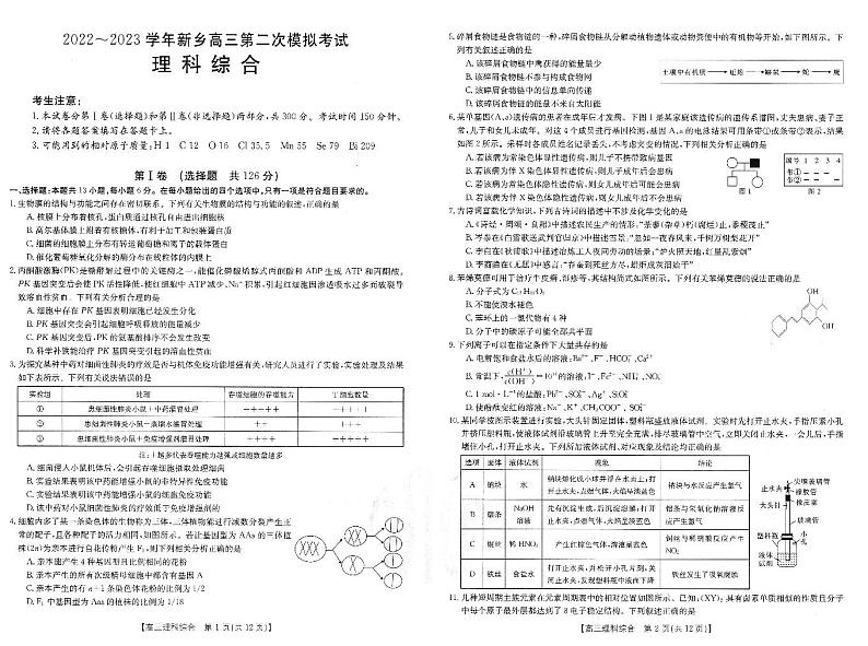 2022-2023学年河南省新乡市高三下学期第二次模拟考试 理综 PDF版01