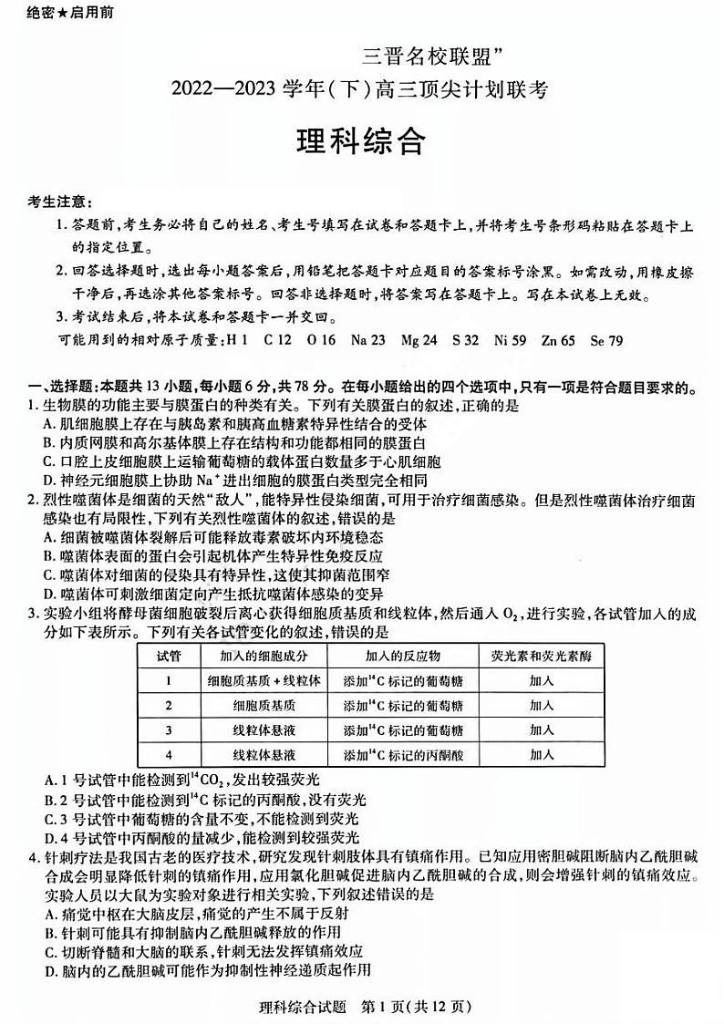 2022-2023学年山西省三晋名校联盟高三下学期顶尖计划联考试题 理综 PDF版01