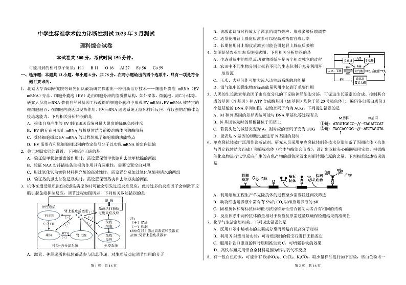 2023届中学生标准学术能力诊断性测试高三下学期3月测试 理综 PDF版01