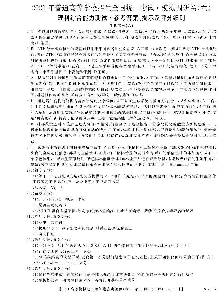 2021年普通高等学校招生全国统一考试2021届高三模拟调研卷（六）理综试题 PDF版01