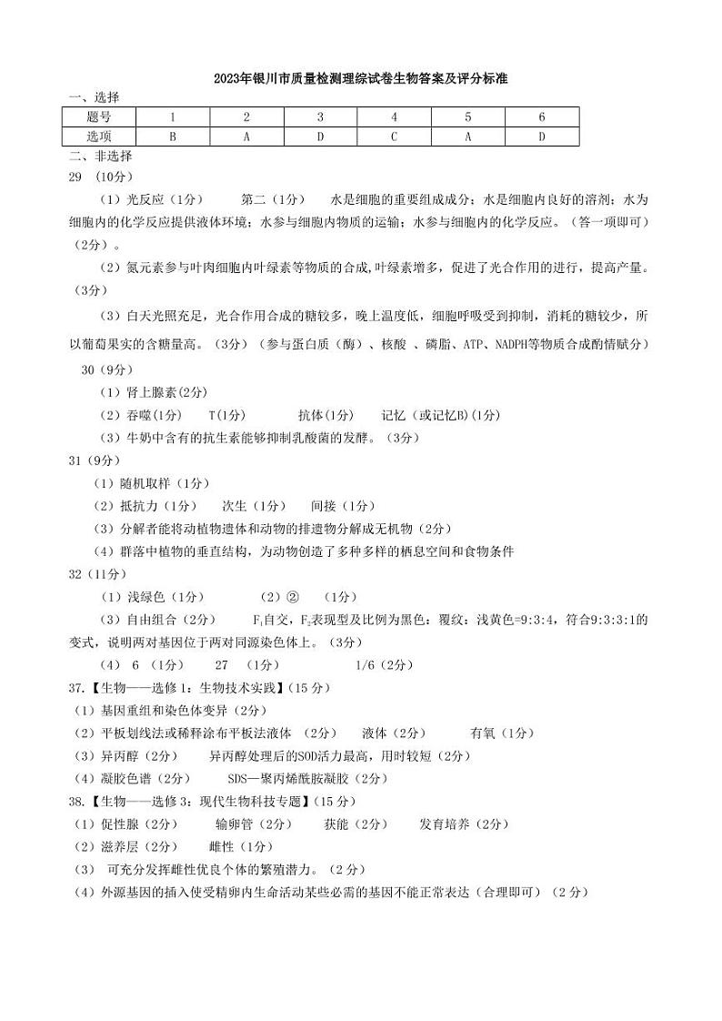 2023届宁夏回族自治区银川市高三学科教学质量检测（一模）理综试卷及参考答案01