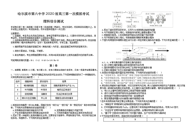 黑龙江省哈尔滨市2022-2023学年第六中学高三理综下学期第一次模拟考试试题（Word版附答案）01