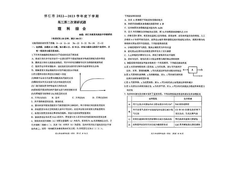 山西省怀仁市2022-2023学年高三下学期第二次教学质量调研考试 理综第1页