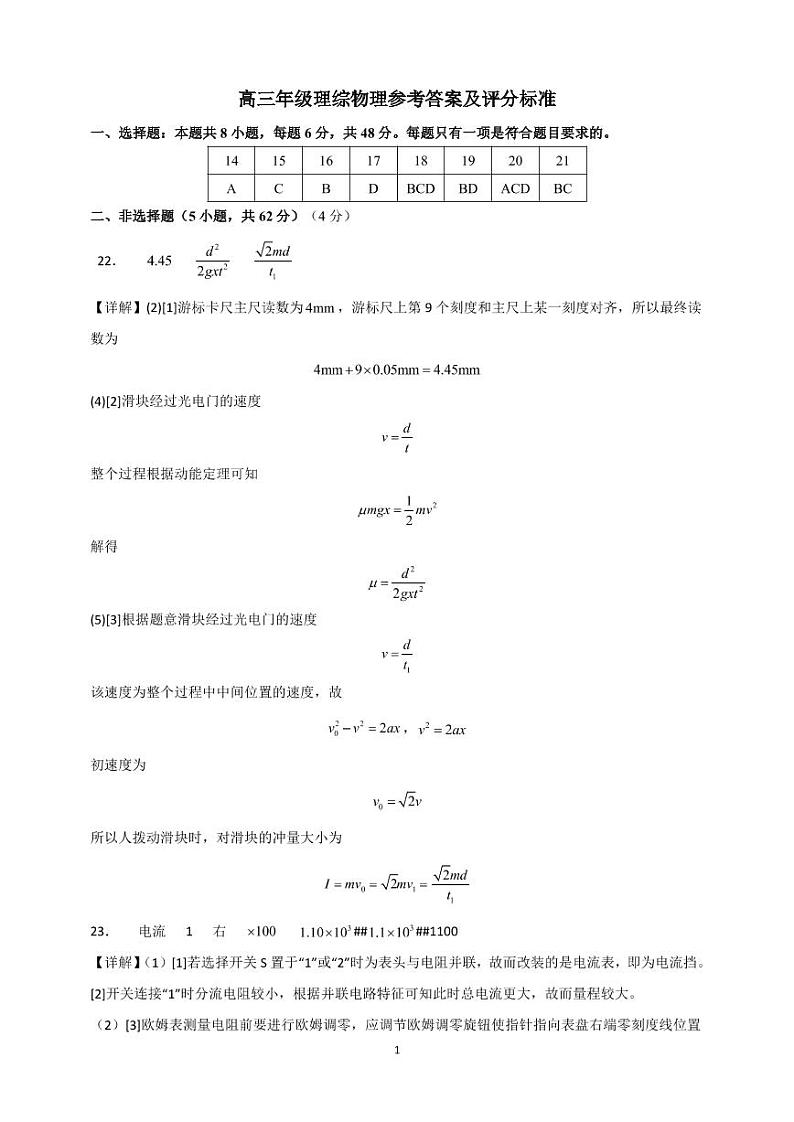 山西省怀仁市2022-2023学年高三下学期第二次教学质量调研考试 理综物理答案第1页
