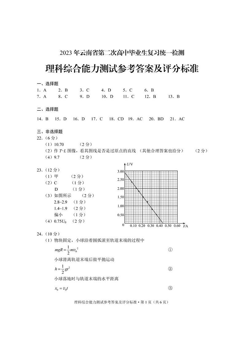 2023年云南省第二次高中毕业生复习统一检测理综试题及答案01