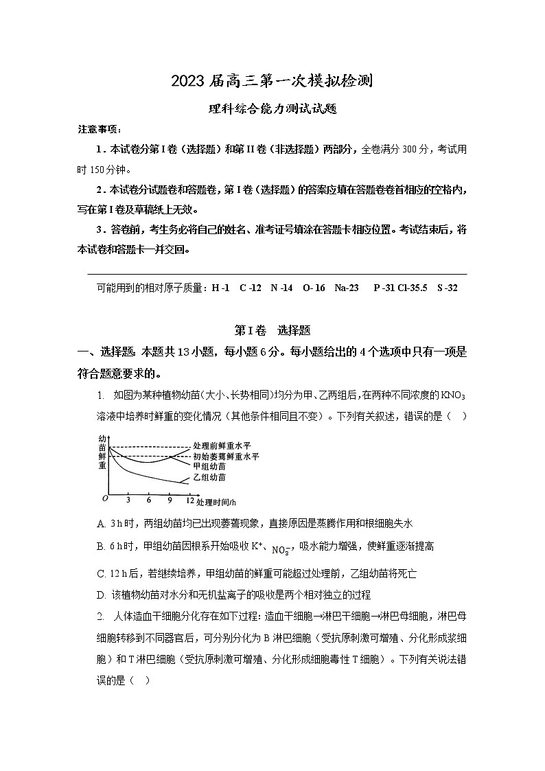 安徽省合肥市肥东县综合高中2022-2023学年高三理综下学期第一次模拟试卷（Word版附解析）第1页