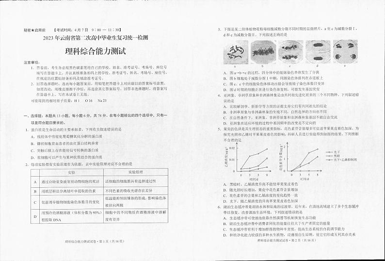 2023云南省高三下学期第二次毕业生复习统一检测（二模）理综试题扫描版含答案01