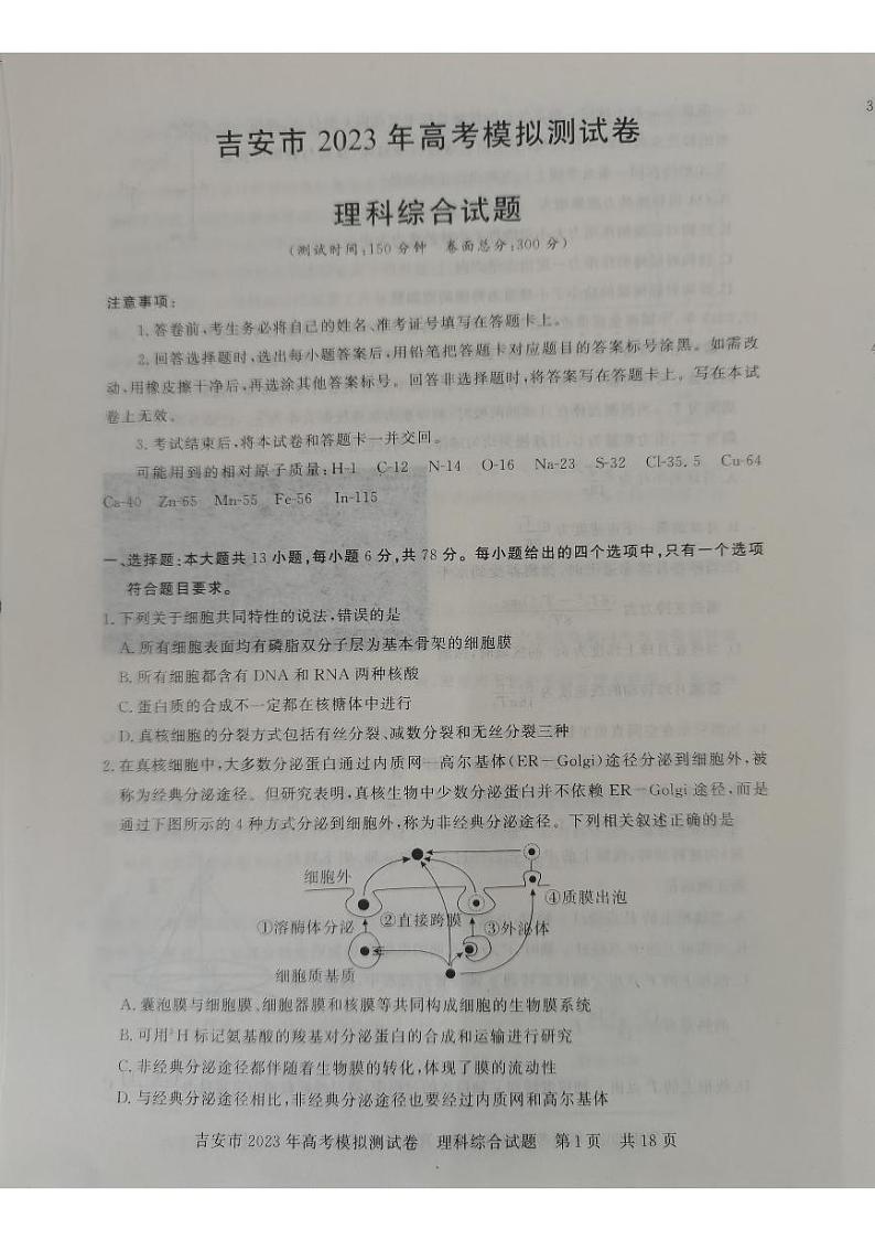 2023吉安高三下学期模拟测试（一模）理综PDF版含解析01